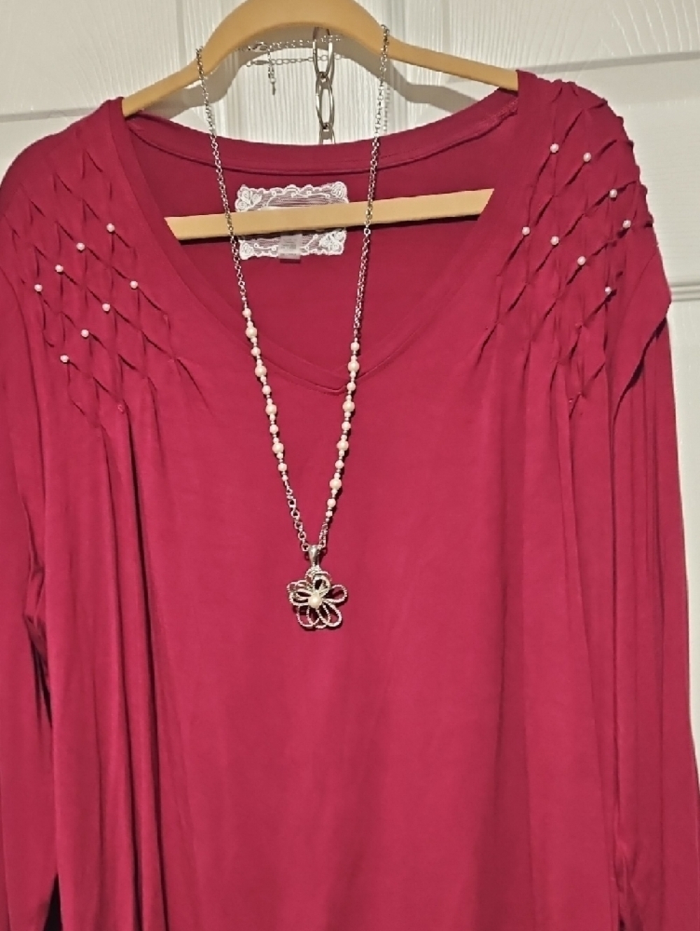 Cupio Burgundy V-Neck Long Sleeve Top with Pearl Shoulder Detail